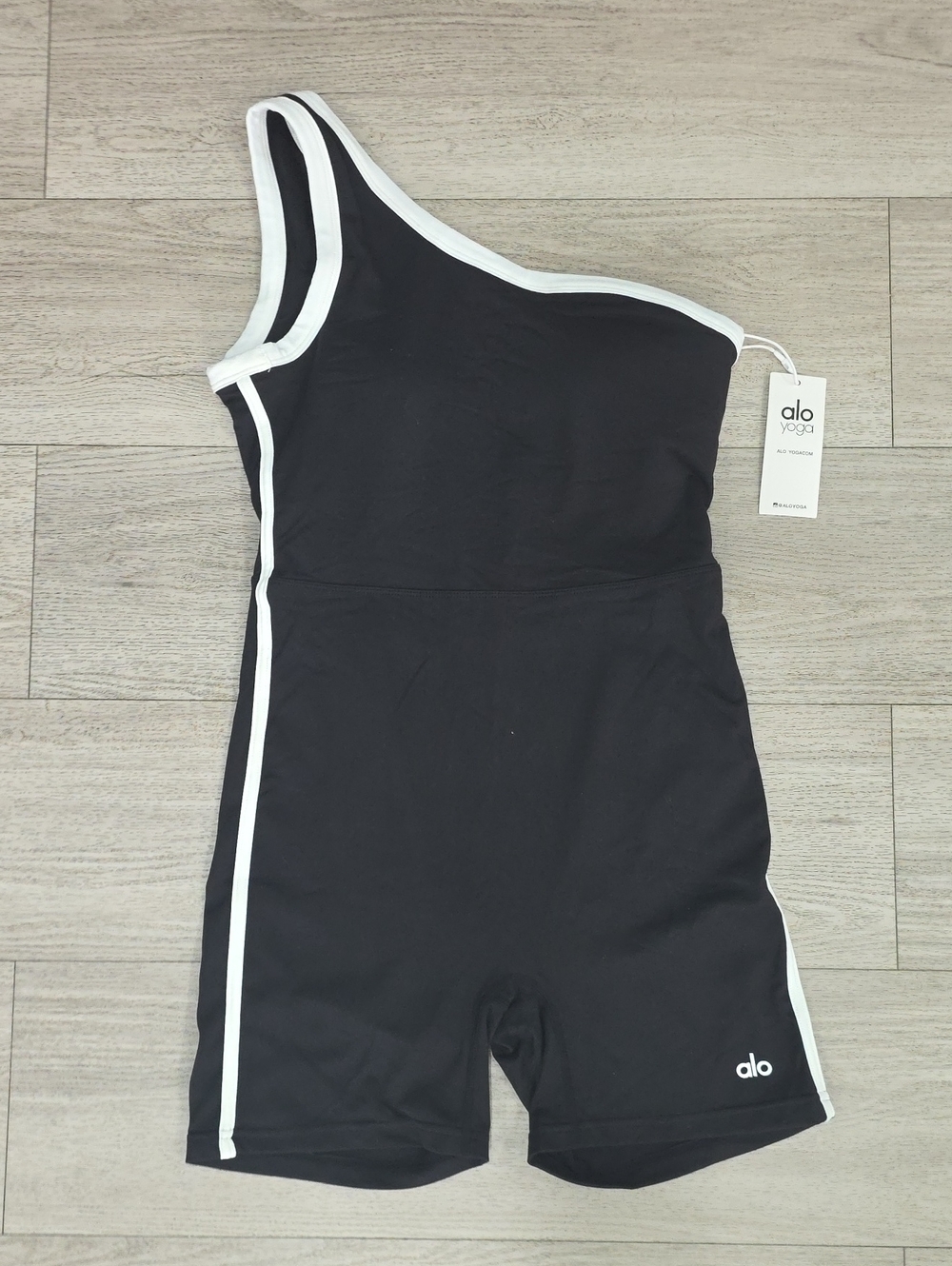 Alo Yoga Black One-Shoulder Romper with White Trim